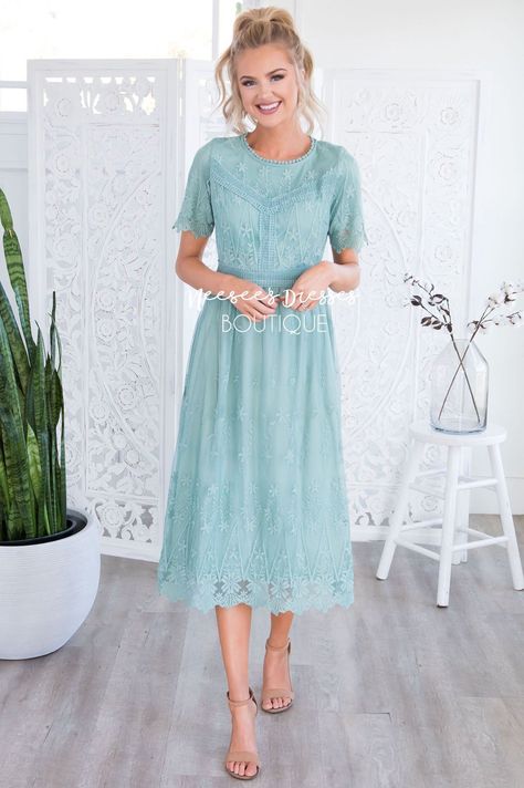 Dusty Mint Lace Overlay Modest Dress | Best and Affordable Modest Boutique | Cute Modest Dresses and Skirts for Church - NeeSee's Dresses Teal Midi Dress, Gold Sequin Gown, Easter Dresses For Women, Pleats Dress, Neesees Dresses, Bridesmaid Dresses With Sleeves, Modest Tops, Dresses Ladies, Modest Bridesmaid Dresses