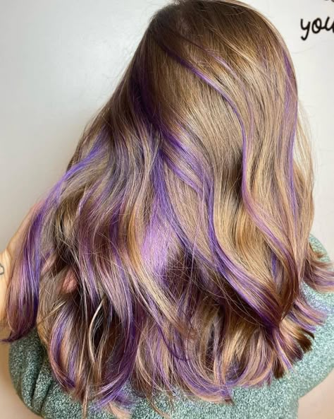 Brown Hair With Colored Highlights, Hair With Colored Highlights, Purple Peekaboo Highlights, Hair Color Trends For Brunettes, Peekaboo Hair Colors, Peekaboo Highlights, Peekaboo Hair, Colors For Spring, Purple Highlights