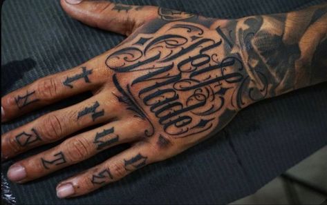 Rappers Hand Tattoos, Backhand Tattoos Men, The World Is Yours Hand Tattoo, Self Made Hand Tattoo, Hand Tattoos Lettering, Writing Hand Tattoo, Hand Tattoo Writing, Lettering Hand Tattoo, Chicano Hand Tattoo