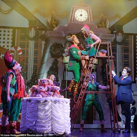 Kimberley Walsh makes debut in Elf: The Musical Elf The Musical Set Design, Elf Musical, Elf Workshop, Elf The Musical, Green Skater Skirt, Musical London, Kimberley Walsh, Red Striped Shirt, Girls Aloud