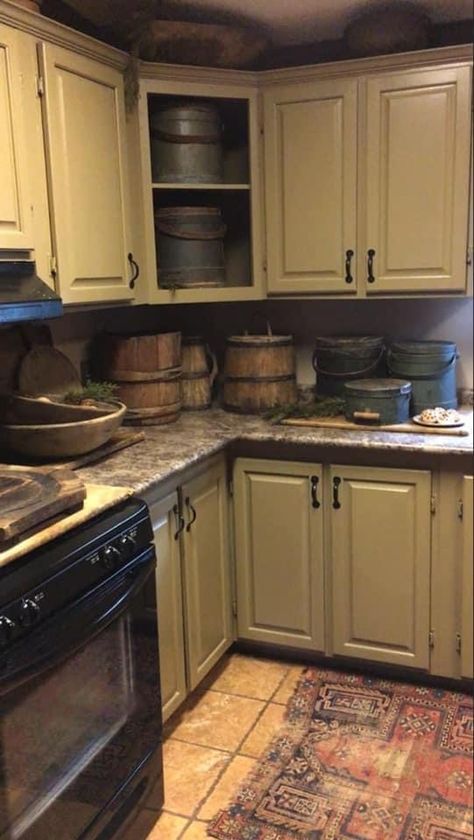 Primitive Colonial Kitchen, Old Village Paint, Primitive Kitchen Cabinets, Colonial Kitchens, Color Consultant, Kitchen Cabinets Painted, Primitive Cabinets, Historic Colours, Beautiful Kitchen Cabinets