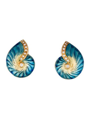 18K Diamond and Enamel Nautilus Shell Earrings Accent Earrings, Sea Shell Earrings, Round Diamond Earrings, Nautilus Shell, Earrings Round, Earrings Diamond, Grad Gifts, Shell Jewelry, Shell Earrings