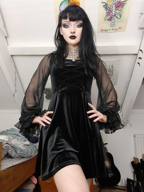 Black Velvet Long Sleeves Short Gothic Dress.DevilNight.Co.Uk | We Ship Worldwide #gothicdress #gothicdresses#blackgothicdress  #longsleevesgothicdress #velvetgothicdress #sexygothicdress Velvet Gothic Dress, Goth Subculture, Style Gothic, Goth Women, Goth Beauty, Goth Dress, Gothic Beauty, Alt Fashion, Gothic Dress