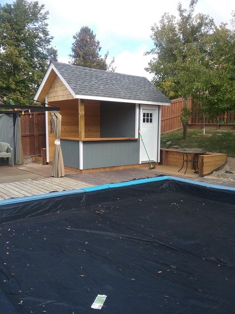 Backyard shed with built in bar for poolside entertaining Pool Shed With Bar And Storage, Pool Hut, Backyard Bar Shed, Pool House Bar, Pool Changing Room, Pool Changing Rooms, Cabana Ideas, Backyard Cabana, Pavilion Ideas