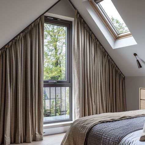 If you have an angled window in a bedroom, apex curtains could be the answer to ensure complete blackout on an evening. Get in touch for a bespoke quote! Curtains For Apex Windows, Corner Window Treatments Bedroom, Curtains For Angled Windows, Slanted Window Curtains, Angled Curtains, Apex Curtains, Apex Window Curtains, Linen Curtains Bedroom, Loft Curtains