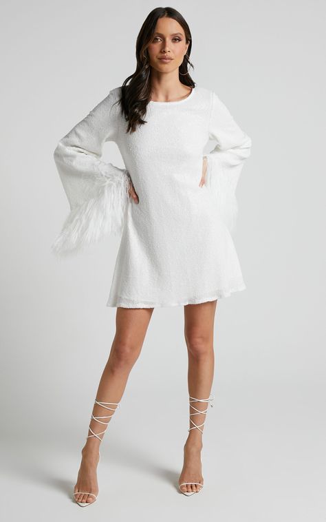 Rowella Mini Dress - Faux Feather Bell Sleeve Dress in White | Showpo USA Showpo White Dress, Short Bell Sleeve Dress, Rehearsal Outfit, Long Sleeve Dress Outfit, White Holiday Dress, Bridal Era, Winter White Outfit, White Satin Fabric, Short Bridal Dress