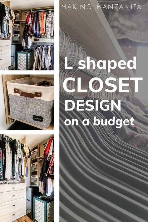 It is time for our master bedroom closet reveal! See how we completely transformed our l shaped closet design with a budget friendly organization system to maximize our storage space and hanging storage. Small L Shaped Closet Organization, L Shape Closet Organization Ideas, L Shaped Closet Designs Walk In, Small L Shape Closet Ideas Walk In, L Shaped Walk In Closet Design, L Shaped Closet Ideas, Small L Shaped Closet Ideas, L Shaped Master Closet, Small L Shaped Closet