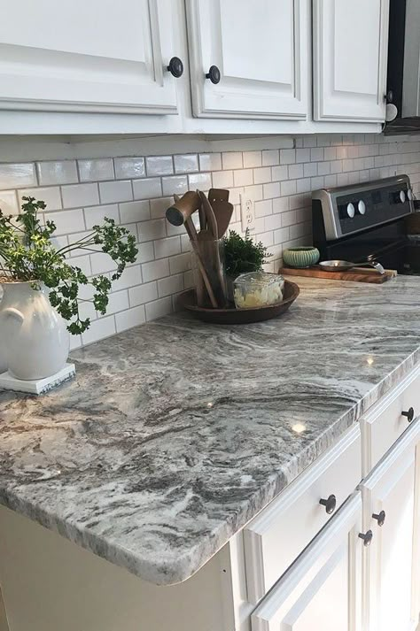 Cheap Granite Countertops, Dark Granite Countertops, Grey Granite Countertops, Light Grey Kitchen Cabinets, Light Grey Kitchens, White Granite Countertops, Corian Countertops, Organization Pantry, Kitchen Counter Top