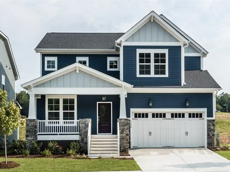 Navy And White Exterior House Colors, Blue Siding House, Navy Blue House, Outside House Colors, Blue Siding, Navy Houses, Blue Exterior, Siding Colors, Suburban House