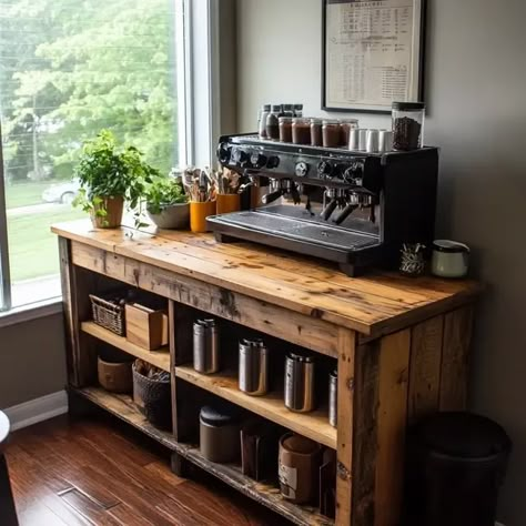 How to Build a DIY Home Coffee Bar - Recipes Time Diy Industrial Coffee Bar, Diy Coffee Bar Plans, Goth Homestead, Coffee Cubby, Coffee Bar Home Ideas, List Organization Ideas, Coffee Bar Diy Ideas, Bar Home Ideas, Dresser Coffee Bar