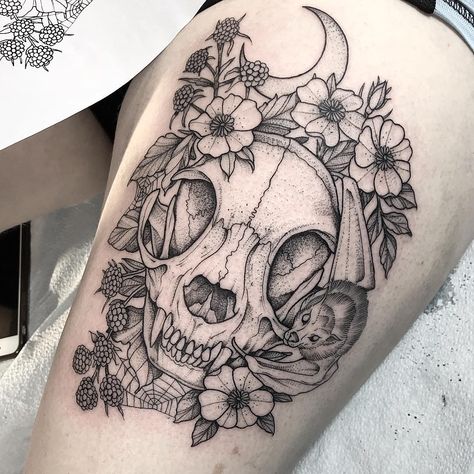 1,235 Likes, 3 Comments - Johno (@johno_tattooer) on Instagram: “Cat Skull and Raspberries + little Bat buddy hanging out +++ thanks Kayla #johnotattooer…” Bird Skull Tattoo, Cat Skull Tattoo, Gotik Tattoo, Skull Tattoo Flowers, Skull With Flowers, Mushroom Tattoos, Skeleton Tattoos, Animal Skull, Full Body Tattoo