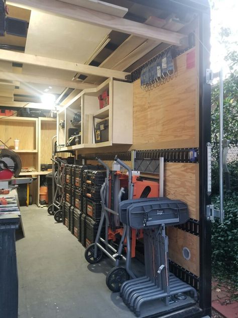 Still very much contemplating tool layout & design as to real world application on a jobsite. Contractor Organization, Enclosed Trailer Ideas Tools, Tool Trailer Organization, Jobsite Trailer, Landscaping Trailer, Small Enclosed Trailer, Enclosed Utility Trailers, Trailer Shelving, Tool Trailer