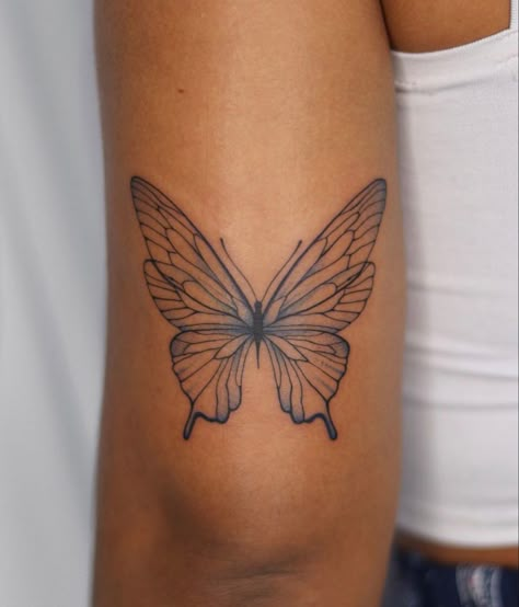 Butterfly Behind Elbow Tattoo, Papilio Ulysses Tattoo, Lower Elbow Tattoo Women, Small Elegant Butterfly Tattoo, Butterfly With Clouds Tattoo, Tricep Women Tattoo, Glass Wing Butterfly Tattoo, Butterfly Tattoo With Birth Year, Ulysses Butterfly Tattoo