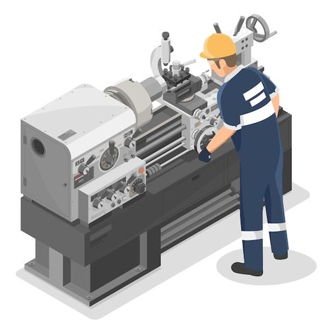 Technician work on heavy duty metal lath... | Premium Vector #Freepik #vector #lathe #cnc-machine #industrial-equipment #cnc Cnc Lathe Machine, Jaket Motor, Machine Logo, Machining Metal Projects, Industrial Engineering, Lathe Machine, Metal Lathe, Industrial Machinery, Occupational Health