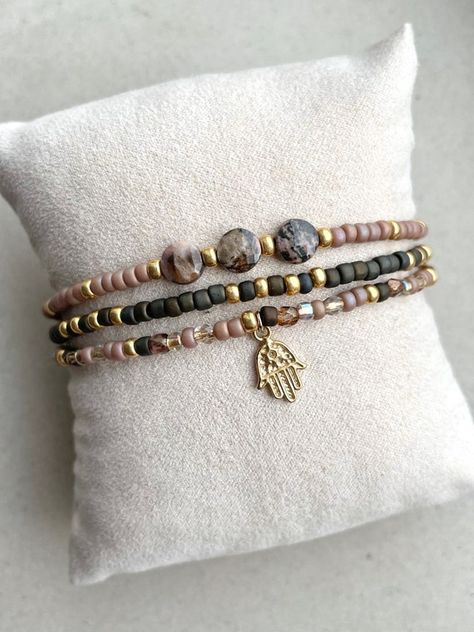 Bracelet Sets Boho, Bracelet Sets, Hamsa Bracelet, Hamsa Charm, Handmade Fashion Jewelry, Natural Stone Bracelets, Boho Bracelet, Bead Stringing, Handmade Fashion