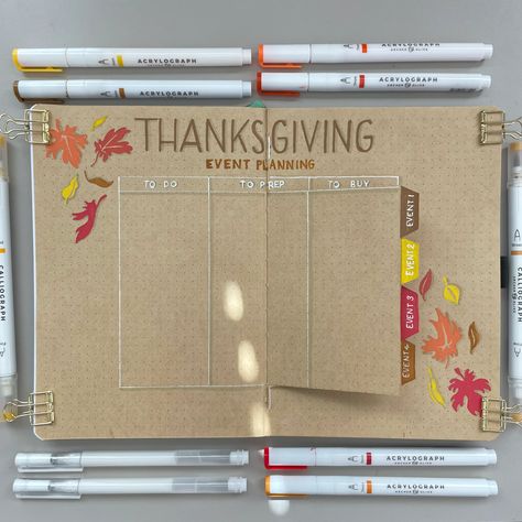 It’s Char here from the Archer & Olive 2022 Design Team. Today, I’m going to show you how I created this super fun (and functional) Thanksgiving Event Planning Spread for your Bullet Journal. Thanksgiving Bullet Journal Ideas, November Title Page Bullet Journal, Bullet Journal November Calendar, Archer And Olive Travelers Notebook, White Board Drawings, November Weekly Spread Bullet Journal, Thanksgiving Planning, Grid Journals, Dot Grid Journal