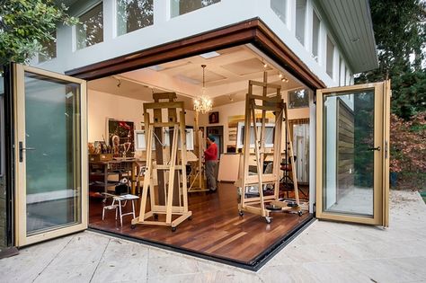 awesome home art studio ideas wood floor large folding patio doors Home Art Studios, Art Studio Lighting, Velux Skylights, Studio Shed, Art Studio Space, Garage Studio, Studio Build, Art Studio Room, Art Studio Design