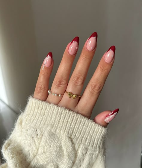 Cherry French and pearls ready for Christmas season ❤️ Red Christmas Nails With Pearls, Red Pearly Nails, French Nail Designs Christmas, Christmas Almond French Tip Nails, Pearl Nails Christmas, Red French With Pearls, Christmas French Tip Acrylic Nails, French Nails Christmas Design, Winter Pearl Nails