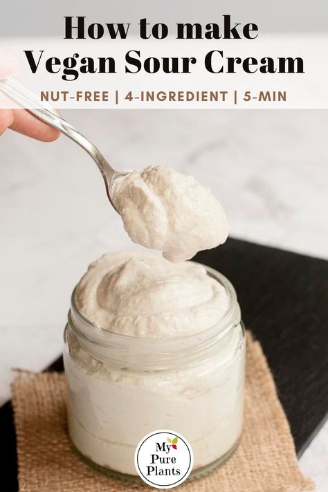 It is a 5-minute, homemade dairy-free sour cream recipe for when you need something nut-free and soy-free. 4-ingredients plus a high powered blender and you have yourself a creamy, tangy vegan sour cream. Vegan Sour Cream Recipe, Dairy Free Sour Cream, Sour Cream Recipe, Sour Cream Pancakes, Homemade Sour Cream, Vegan Grocery List, Vegan Pantry, Vegan Grocery, Sour Cream Recipes