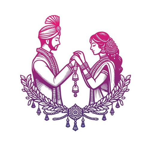 Indian Wedding Vector, Wedding Drawing Couple, Indian Wedding Elements, Hindu Wedding Bride, Mehendi Sketch, Bride Groom Illustration, Figure Mehendi, Portrait Mehendi, Sadi Card