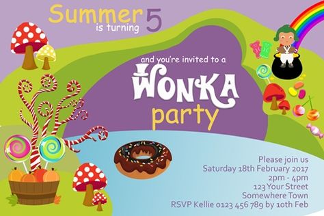 willy wonka birthday party invitation purple lollies treats chocolate Willy Wonka Birthday Party, Wonka Birthday Party, Chocolate Factory Party, Willy Wonka Party, Charlie And The Chocolate Factory, Kids Birthday Party Invitations, Willy Wonka, Chocolate Factory, Personalized Invitations