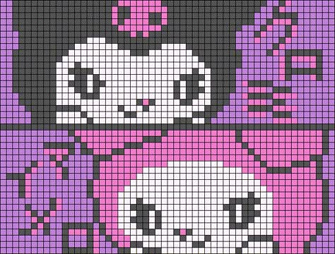 Kuromi Tapestry Crochet, My Melody Alpha Pattern, Hello Kitty Granny Square Pattern, Kuromi Cross Stitch Pattern, Pixel Crochet Pattern Charts Aesthetic, Alpha Patterns Sanrio, Kuromi Alpha Pattern, Kirby Alpha Pattern, Pixel Art Quotes