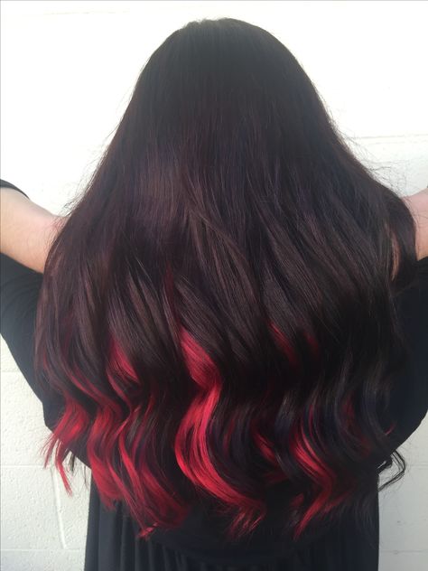 Dark Red brunette. Bright pravana red underneath. Fall hair. Matrix color. SavyStyles Brown And Red Hair Peekaboo, Dark Brown Hair With Red Underneath, Dark Hair With Color Underneath, Peekaboo Dye, Hair With Red Underneath, Black Hair With Red Underneath, Red Hair Underneath, Red Peekaboo Hair, Brown Hair With Red Highlights