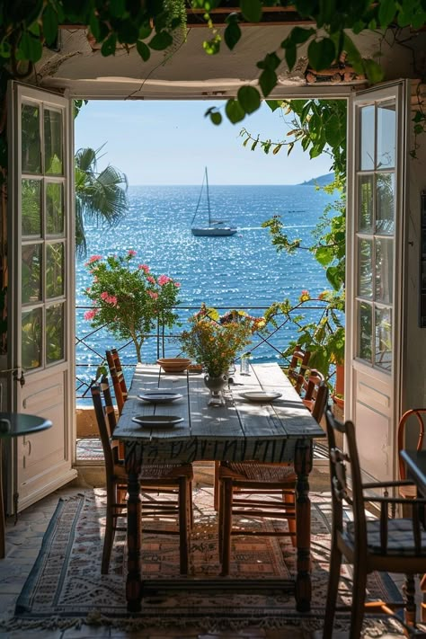 Costal Italian Aesthetic, House With Beach View, House By The Beach Aesthetic, Homes In Greece, Italy Home Aesthetic, European Summer Home, Ocean Side House, Blue House Aesthetic, Peaceful Home Aesthetic