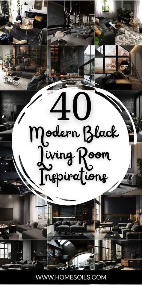 Discover 40 modern black living room inspirations that blend sophistication with bold design! Visit our site for stylish ideas and tips to create a sleek, contemporary space you'll love! Gray Black Living Room Ideas, Black Living Room Ideas Apartments Luxe, Living Room With Black Sofa Ideas, Black Woodwork Living Room, Black Leather Living Room Ideas, Inspiration Living Room Ideas, Black Decor Living Room Ideas, Black White Gold Living Room Decor, Small Black Living Room Ideas