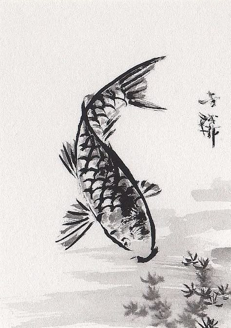 Lin Li's Chinese Art: Orig Art ACEO SumiE Chinese Ink Brush Painting KOI Fish Easy Ink Art, Chinese Fish Painting, Chinese Painting Easy, Ink Art Easy, India Ink Art Ideas, Chinese Art Drawing, India Ink Art, Ink Brush Art, Japanese Ink Art