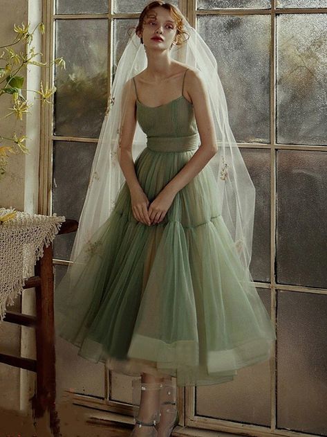 A-Line Prom Dresses Elegant Dress Wedding Guest Birthday Tea Length Sleeveless Spaghetti Strap Tulle with Sash / Ribbon Pleats 2024 2024 - $99.99 Green Prom Dress Tulle, Light Green Wedding Dress, Tulle Tea Length Dress, Sage Green Wedding Dress, Tea Length Gown, Cheap Prom Dresses Online, Pleats Dress, Tea Length Tulle, Marriage Story