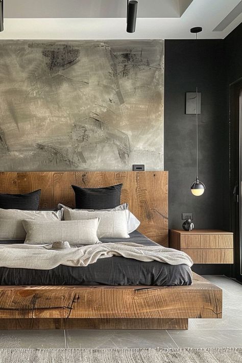 beautifulbedroom with modern platform wood bed, limewash wall and black accent wall, modern bedroom lighting Accent Wall In Bedroom, Modern Industrial Bedroom, Black Paint Colors, Paint Colors 2024, Luxury Room Decor, Industrial Bedroom Design, Industrial Style Bedroom, Black Paint Color, Black Accent Walls