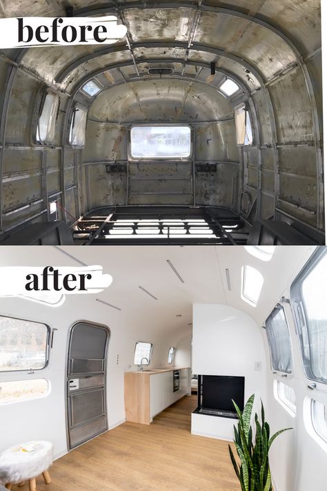 Airstream Fireplace, Airstream Remodel Floor Plans, Airstream Airbnb Ideas, Argosy Airstream Remodel, Air Stream Remodel Interiors, Vintage Airstream Interiors, Airstream Interior Ideas, Airstream Exterior, Airstream Makeover