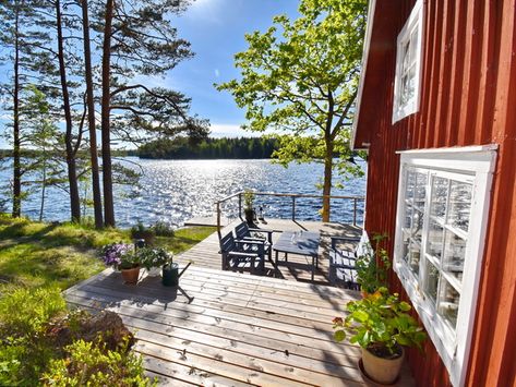 Swedish Lake House, House Near Water, Swedish Houses, Cottage Beach House, Sweden House, Lakefront Living, Seaside House, Scandinavian Aesthetic, Cottage Exterior