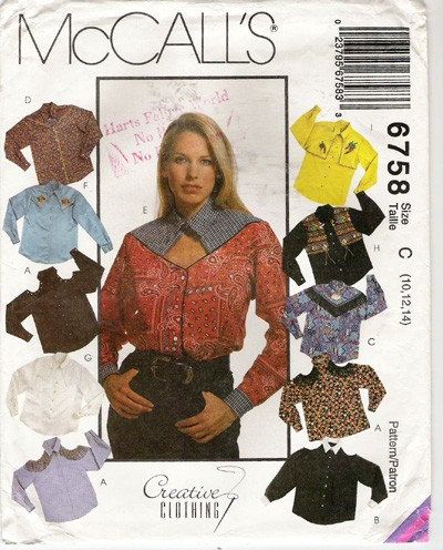 McCall's 6758: Misses Western Shirts Ladies Western Shirts, Long Sleeve Shirt Pattern, Shirt Patterns For Women, Shirt Patterns, Shirt Collar Pattern, Western Style Shirt, Cold Shoulder Shirt, Shirt Sewing Pattern, Cowboy Shirt