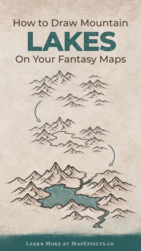 Fantasy Map Drawing Tutorial for Mountain Lakes Map Design Drawing, Creating Fantasy Maps, Diy Maps Drawing, Fantasy Map Mountains How To Draw, Fantasy Map Drawing Ship, Fantasy Map Floating Islands, Things To Put On A Fantasy Map, The Fantasy World Map, Mystical Map Drawing