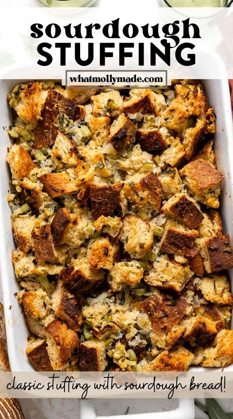 Sourdough is all the rage for a reason, and it makes this sourdough stuffing even better than traditional stuffing. The rich buttery vegetables, fresh herbs, and sourdough bread make this the best Thanksgiving stuffing. It's worthy of becoming a a holiday staple you pass down! Easy Sourdough Stuffing Recipe, Homemade Stuffing With Sourdough, Trader Joe’s Stuffing Recipe, Sourdough Bread Stuffing Recipe, Stuffing Bread Recipes, Sourdough Stuffing Recipes, Buttery Herb Stuffing, Sourdough Bread Stuffing, Rosemary Stuffing