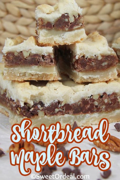 Shortbread Maple Bars are flavorful and deliciously satisfying. Pecan Shortbread Bars, Maple Bars, Pecan Chocolate, Maple Recipes, Maple Cookies, Cream Cheese Bars, Shortbread Bars, Bar Cookies, Pie Bar