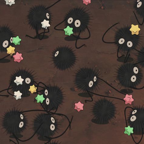 Hayao Miyazaki Painting, Studio Ghibli Square Pictures, Studio Ghibli Brown Aesthetic, Soot Sprite Aesthetic, Studio Ghibli Black Balls, Studio Ghibli Apple Watch Wallpaper, Studio Ghibli Playlist Cover, Studio Ghibli Pictures For Wall, Studio Ghibli Parking Spot