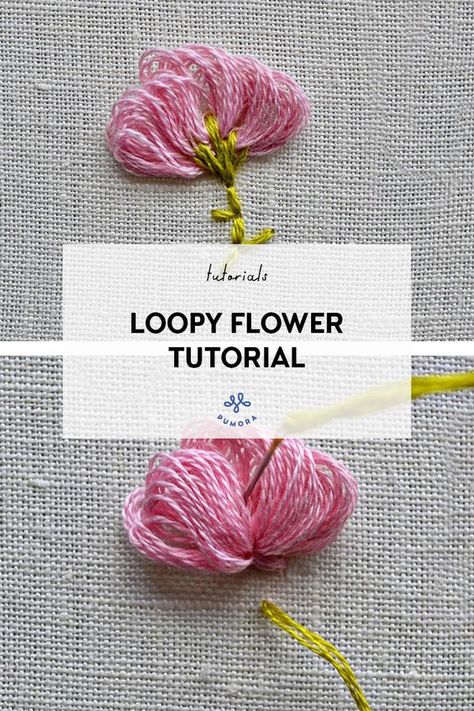 loopy flower embroidery tutorial - Pumora - all about hand embroidery Hand Embroidery Patterns Vintage, Diy Embroidery Thread, Flower Embroidery Tutorial, Embroidery Stitches Flowers, Embroidered Sweaters, Brazilian Embroidery Stitches, Modern Hand Embroidery Patterns, Dimensional Embroidery, Modern Hand Embroidery