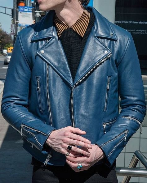 Straight To Hell on Instagram: "The new blue Defector leather jacket. Bucktown, Chicago." Blue Leather Jacket Men Outfit, Blue Leather Jacket Men, Blue Leather Jacket Outfit, Bucktown Chicago, Motorcycle Wear, Leather Jacket Outfit Men, Blue Leather Jacket, Lagoona Blue, Leather Jacket Outfits