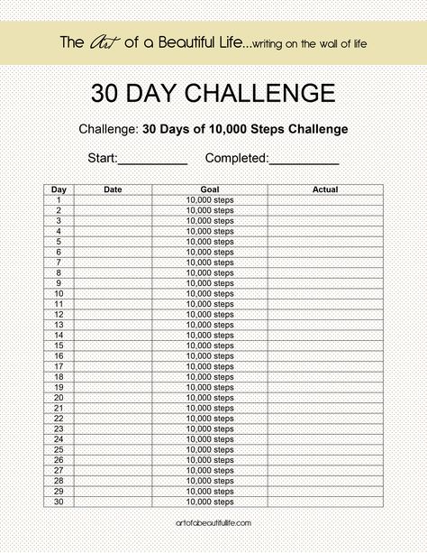 10,000 Steps a Day for 30 Days - Let's do it! | BLOG {The Art of a Beautiful Life} #fitness #challenge #fitbit http://artofabeautifullife.com/free-printable-30-day-challenge/30-day-challenge-10000-steps/ Step Challenge, Month Workout Challenge, 10000 Steps A Day, 10000 Steps, Walking Challenge, 10k Steps, Steps Per Day, A Beautiful Life, Life Fitness