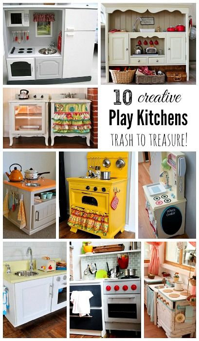 10 Creative DIY Play Kitchen Ideas ~ Trash to Treasure! Diy Kids Kitchen, Play Kitchens, Kids Play Kitchen, Play Furniture, Diy Play Kitchen, Trash To Treasure, Baby Diy, Kids Kitchen, Toy Kitchen