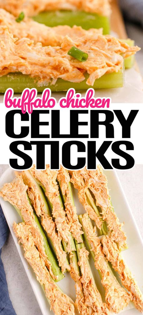 Crunchy and creamy with just a kick of heat, Buffalo Chicken Celery Sticks are the perfect appetizer to serve up on game day! #Realhousemoms #buffalochicken #celerysticks #buffalosauce #snack #appetizer #gameday #footballsunday #potluck Buffalo Chicken Celery Sticks, Stuffed Celery Sticks, Buffalo Chicken Pinwheels, Chicken Deviled Eggs, Buffalo Chicken Celery, Chicken Celery, Chicken Pinwheels, Small Bites Appetizers, Easy Buffalo Chicken