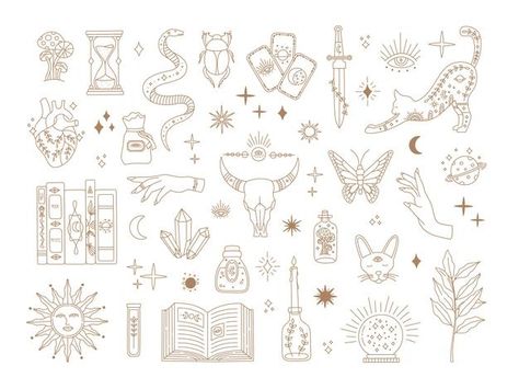 Astrological Elements, Mystic Illustration, Crystal Tattoo, Esoteric Symbols, Boho Tattoos, Magic Tattoo, Tattoo Flash Art, Contemporary Designs, Flash Art