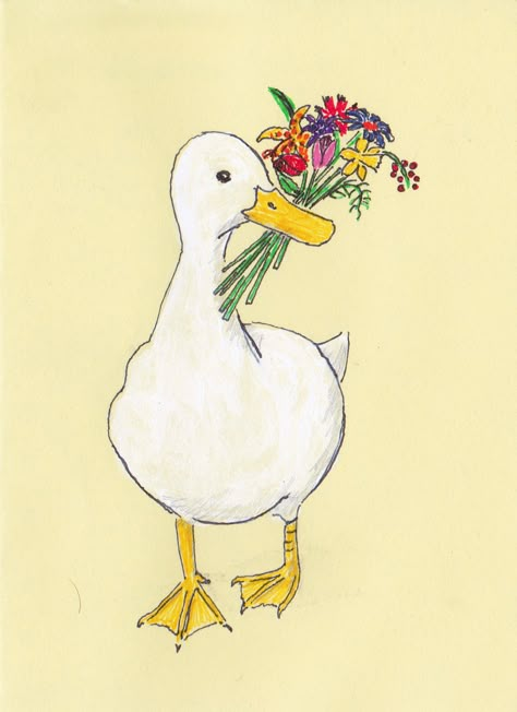 Valentine Duck Duck Art Watercolor, Duck Holding Flowers Drawing, Colorful Duck Painting, Duck Painting Aesthetic, Duck Art Reference, Two Ducks Drawing, Duck Painting Cute, Ducks In Love Drawing, Spring Animals Drawing