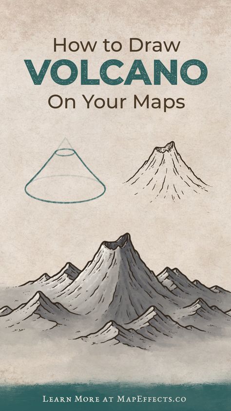 How to draw a volcano on your fantasy maps. New cartography tutorial. Volcano Map Drawing, Fantasy Map Drawing Ship, Fantasy Map Icons Sea, Own Map Drawing, Fantasy Map Volcano, Dnd Map Drawing, Drawing Maps Art, How To Draw A Volcano, Fantasy Map Making Drawing Tutorials