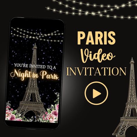 Night in Paris Video Invitation, Video Evite, Video Invite With Photo, French Theme Party, Animated Invite, Paris Theme, Eiffel Tower - Etsy Evening In Paris Theme Party, Paris Birthday Invitations, Night In Paris Theme Party, French Theme Party, French Themed Parties, Paris Invitations, Invite With Photo, Paris Themed Party, Paris Themed Birthday Party