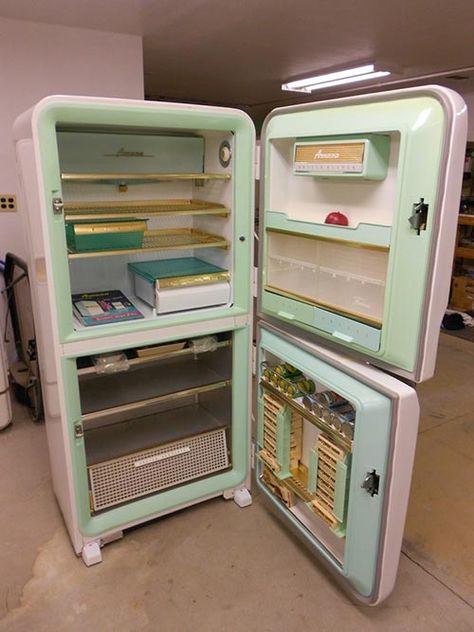 This 1956 Amana refrigerator has never been used and is in perfect working condition. For sale on eBay. Vintage Refrigerator 1950s, 50s Fridge, 1950s Fridge, Aqua Interior, Old Fridge, White Fridge, Vintage Fridge, Vintage Kitchen Appliances, White Fridges