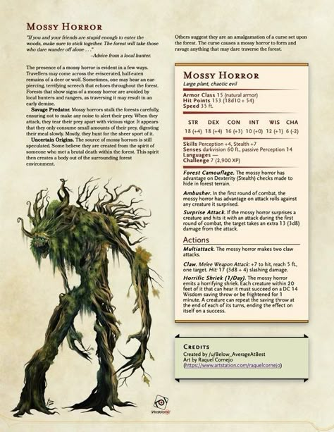 Mossy Horror 5e Plant Monsters, Fey Wild Creatures, Dnd Forest Encounter Ideas, Forest Monsters Dnd, Dnd Forest Encounter, Dnd Feywild Creatures, Forest Encounters Dnd, Feywild Monsters, Dnd Forest Creatures